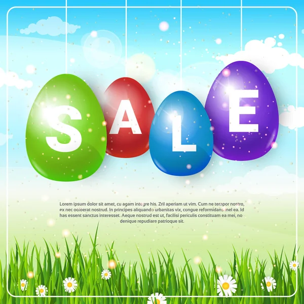 Sale Letters On Easter Eggs Over Blue Sky And Green Grass Background Template Holiday Shopping Card — Stock Vector