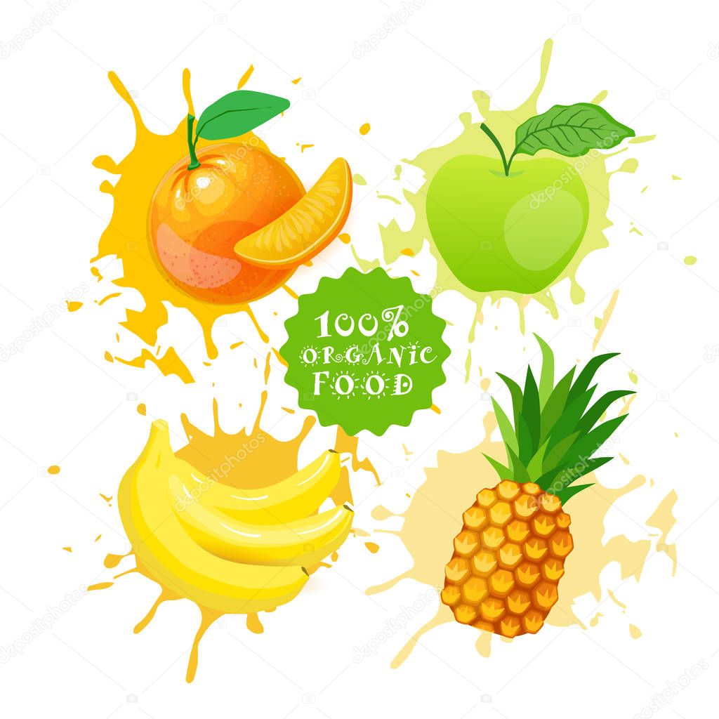 Set Of Fruits Over Paint Splash Background Fresh Juice Logo Natural Food Farm Products Concept Vector Illustration