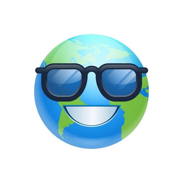Dibujos Animados de la Tierra de la cara feliz sonrisa con gafas de sol icono divertido planeta emoción — Vector de stock