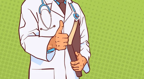 Médico segurando o polegar de perto do médico masculino Prectitioner em branco casaco sobre quadrinhos Pop Art fundo com espaço de cópia — Vetor de Stock