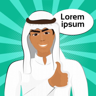 Geleneksel giyim gülümsemek Haritayı başparmak Retro komik arka plan üzerinde Arap iş adamı