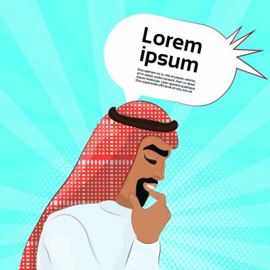 Düşünme veya Retro komik arka plan üzerinde durulması Arap iş adamı