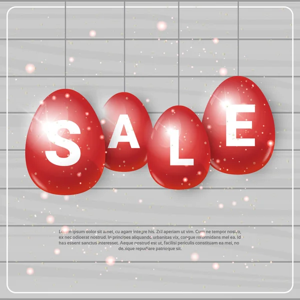 Red Easter Eggs With Sale Tags Hanging On Template Background Holiday Shopping Card Design — Stock Vector