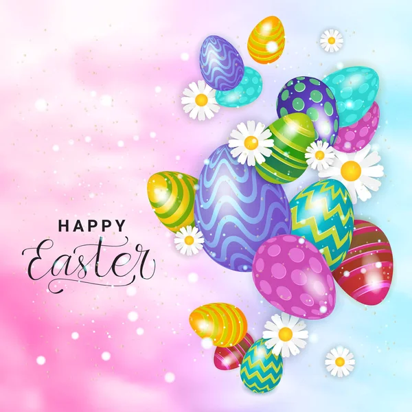 Glückliche Ostern Karte Design Urlaub Hintergrund mit Blumen und bunten Eiern — Stockvektor