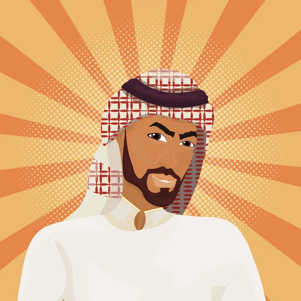 Homem de negócios árabe em roupas tradicionais sobre fundo retrô Comic — Vetor de Stock