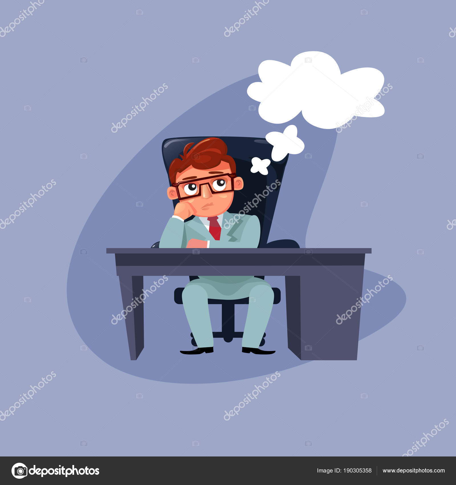 Cartoon Business Man In Elegant Suit Sitting At Office Desk