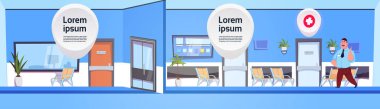 Doktor Over Modern hastane veya klinik iç arka plan için bekleyen adam