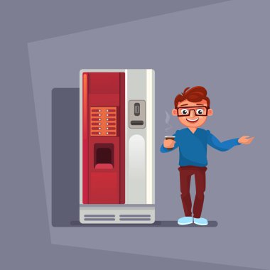 Adam satın kahve ya da çay Otomatı gri arka plan üzerinde