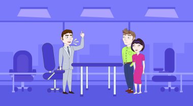 Öfkeli patron işçi iş adamı lideri ve ekip ile siluet Office arka plan üzerinde konuşuyor