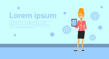 İş Wom tutun dijital Tablet Bilgisayarı arka plan kopya alanı ile ele