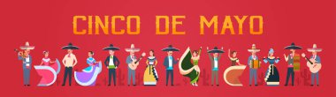 Cinco De Mayo Festivali Afiş geleneksel giysiler müzisyenler ve dansçılar yatay Banner Meksika insanlarla