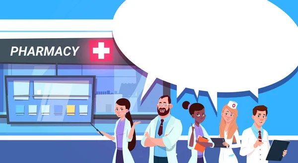 Groep van artsen die permanent bij apotheek winkel In Modern ziekenhuis drogisterij Shop achtergrond — Stockvector