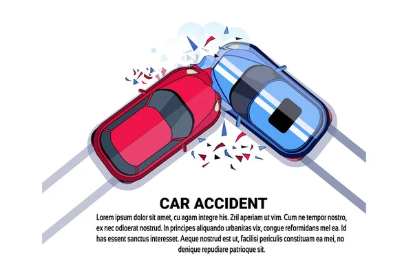 Araba kaza Üstten Görünüm araç çarpışma simgesinin üzerine beyaz arka plan kopya alanı ile — Stok Vektör