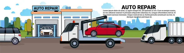 Ciężarówki holowania samochodu na Auto Repait garażu poziomy baner z miejsca kopii — Wektor stockowy