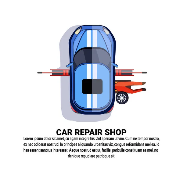 Bil reparation Shop Service med underhållsarbetare fastställande Auto över bakgrunden Witn kopia utrymme — Stock vektor