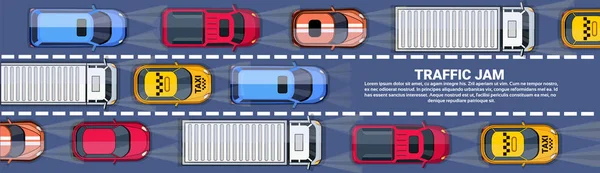 Közúti teli autók és teherautók felső szöge View Traffic Jam autópálya vízszintes banner hely másolás — Stock Vector