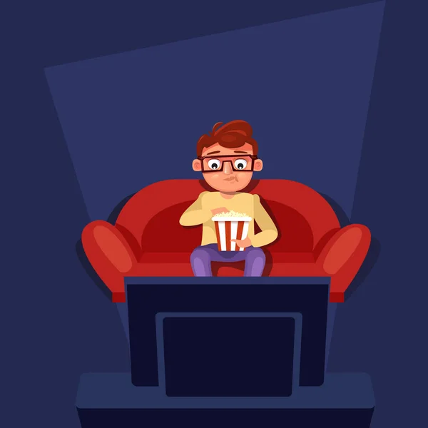 Hombre sentado en el sofá reloj tv comiendo palomitas de maíz — Vector de stock
