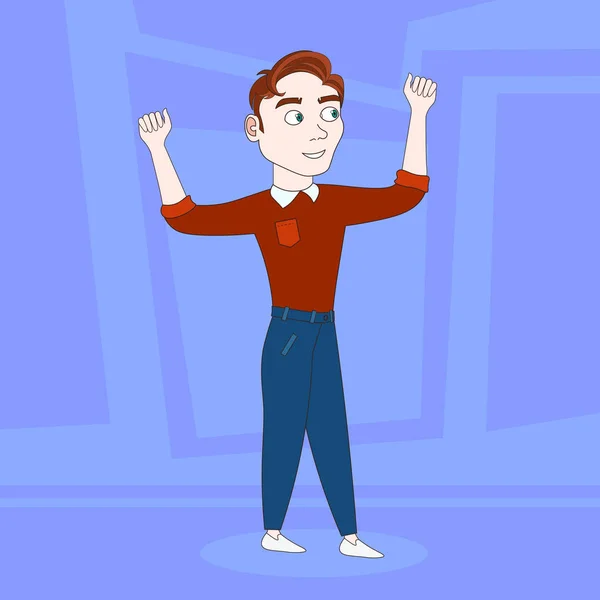Hombre de dibujos animados en ropa casual sosteniendo las manos levantadas sobre fondo azul abstracto — Vector de stock