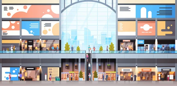 Moderna köpcentret interiör med många människor stor butik — Stock vektor