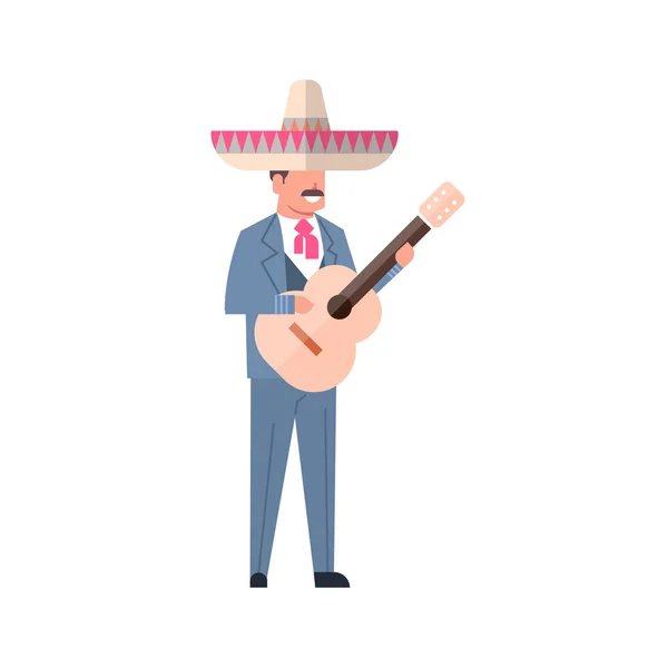 Musique mexicaine Homme avec Guitare Porter costume traditionnel et Sombrero Chapeau isolé sur fond blanc — Image vectorielle