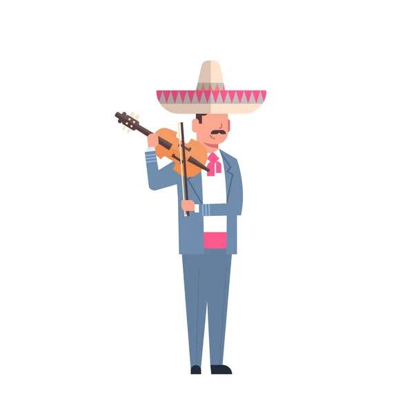 Мексиканські людина музиканта у традиційний костюм і сомбреро з скрипки ізольовані на білому тлі — стоковий вектор