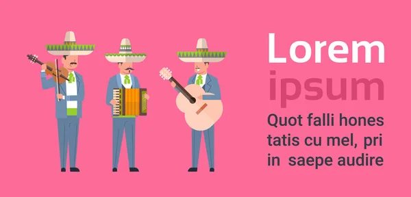 Gruppo di musicisti messicani in abiti tradizionali e sombrero su sfondo con spazio copia — Vettoriale Stock