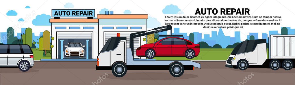 Truck Towing Car To Auto Repait Garage Horizontal Banner With Copy Space