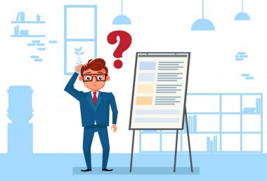 Ofiste iş adamı ayağa Flip Chart üzerinde durulması ve düşünme