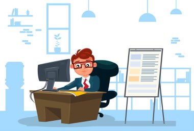 Bilgisayarda çalışan iş adamı Office arka plan üzerinde masa başında oturmak