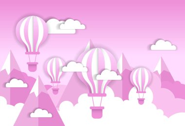 Retro hava balonu pembe bulutlar ve dağlar arka plan Sevgililer günü kavramı üzerinde