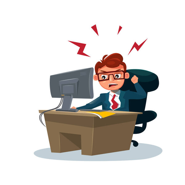 Разгневанный бизнесмен, работающий за компьютером, сидит за рабочим столом на белом фоне
