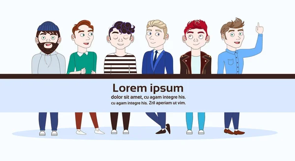 Gruppe junger Casual oder Hipster Männer in trendigen Klamotten Hintergrund für Copy Space Banner — Stockvektor