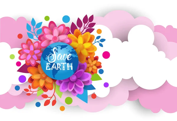Hermosa tarjeta de felicitación Save Earth fondo sobre cielo rosa y nubes — Vector de stock