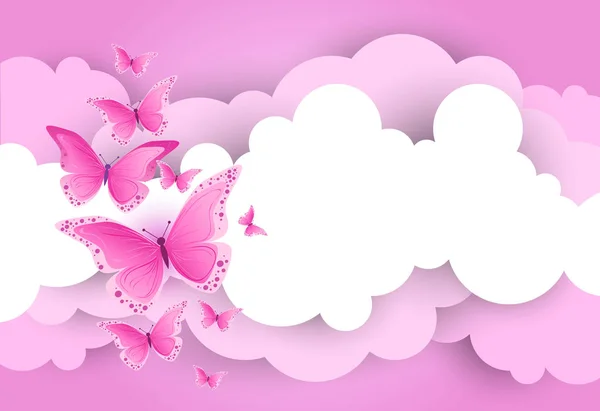 Λευκά σύννεφα και ροζ ουρανό φόντο με πεταλούδα — Διανυσματικό Αρχείο