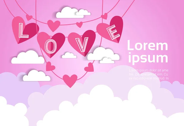 Fondo rosado del día de San Valentín con la decoración del amor sobre nubes y espacio de copia — Vector de stock