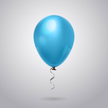 Hava Balon parlak mavi dekorasyon gri arka plan üzerinde izole kurdele ile