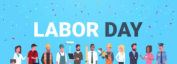 Labor Day Poster With People Of Different Occupations Over Blue Background — Stock Vector