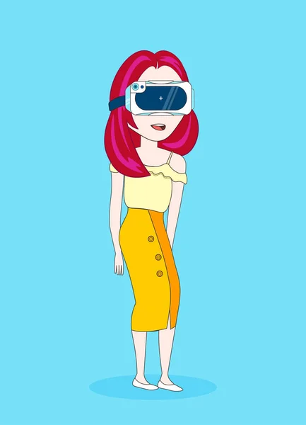 Gadis cantik muda mengenakan 3d Virtual Reality Glasses Modern Vr Technology Concept - Stok Vektor