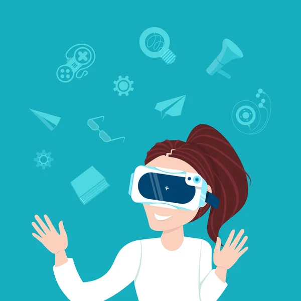 Mulher vestindo óculos de realidade virtual 3d conceito de tecnologia moderna Vr —  Vetores de Stock