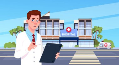 Erkek doktor ayakta Over Modern Hastane Binası dış arka plan tıbbi klinik kavramı