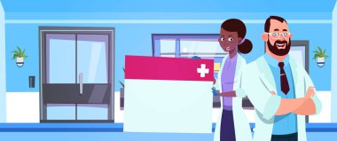 Takım tıp doktorlar Holding boş tahta üzerinde hastane bekleme odası arka plan