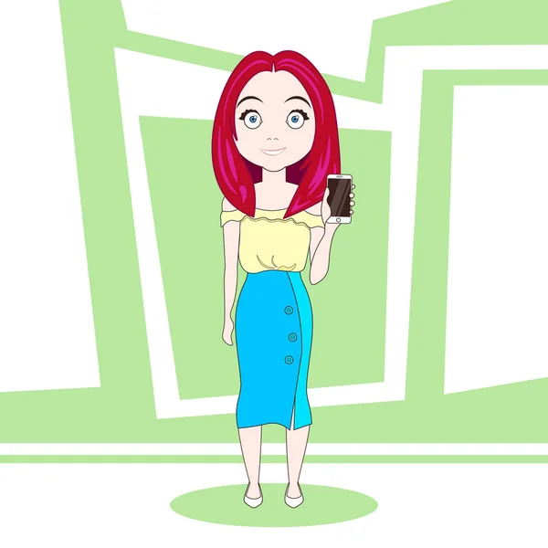 Νεαρή γυναίκα με κομψά ρούχα κρατώντας χαρακτήρα κινουμένων σχεδίων έξυπνο τηλέφωνο κυττάρων — Διανυσματικό Αρχείο
