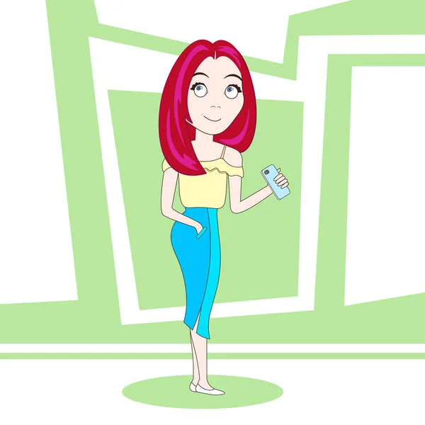 Roztomilá žena ve stylovém oblečení drží buňky chytrý telefon kreslená postavička — Stockový vektor