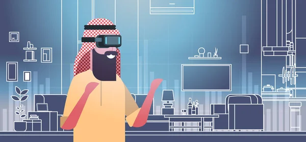 Arab człowiek ubrany 3d okulary wirtualnej rzeczywistości zestaw słuchawkowy nad salonem tło — Wektor stockowy
