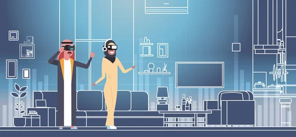 Αραβικά άνδρας και γυναίκα, φορώντας 3d γυαλιά εικονικής πραγματικότητας ακουστικά πάνω από το σαλόνι φόντο — Διανυσματικό Αρχείο