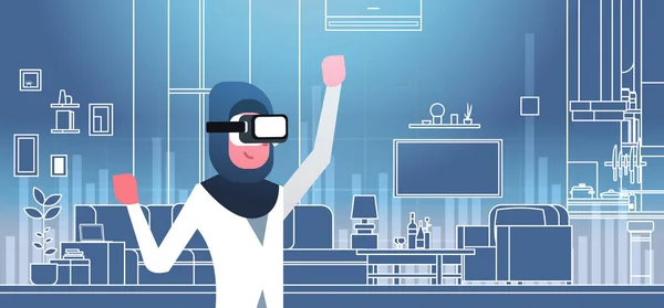 Araberin mit 3D-Brille Virtual-Reality-Headset über Wohnzimmerhintergrund — Stockvektor