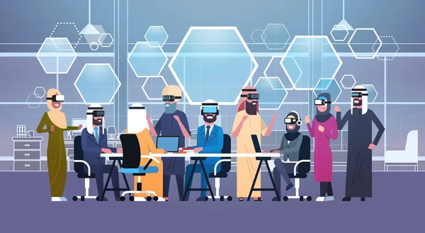 Groupe de gens d'affaires arabes portant des lunettes 3d lors de la réunion au bureau Concept de réalité virtuelle — Image vectorielle