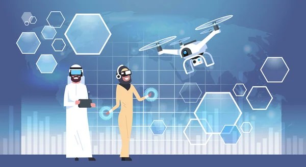 Hombre árabe y mujer con gafas 3d con drone concepto de realidad virtual — Archivo Imágenes Vectoriales