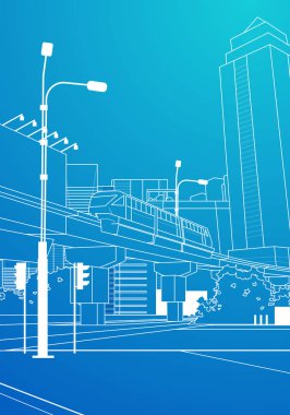 Modern Cityscape demiryolu köprüsü üzerinde mavi arka plan ince çizgi şehir