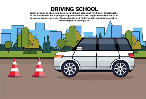 Постер школи водіння, автомобіль на дорозі, концепція іспиту з автоматичного керування навчанням — стоковий вектор